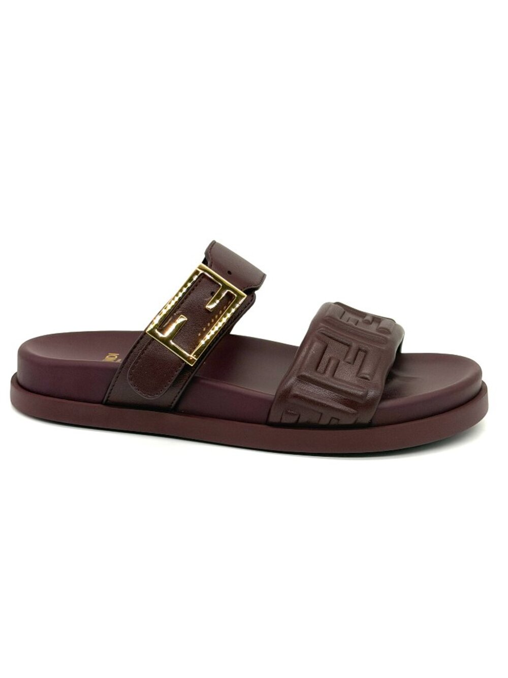 FENDI Feel FF Logo Double Band Flat Leather Slide Dad Sandals Shoes Plum - Picture 10 of 14